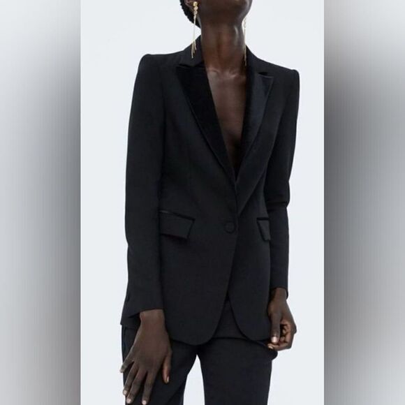 ZARA Festive season TUXEDO BLAZER FESTIVE SEASON made in Spain black - Picture 2 of 6